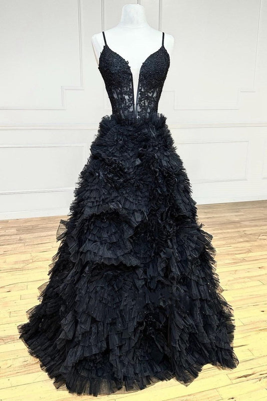 Plunge V Spaghetti Strap Ruffle Tie Long Gown