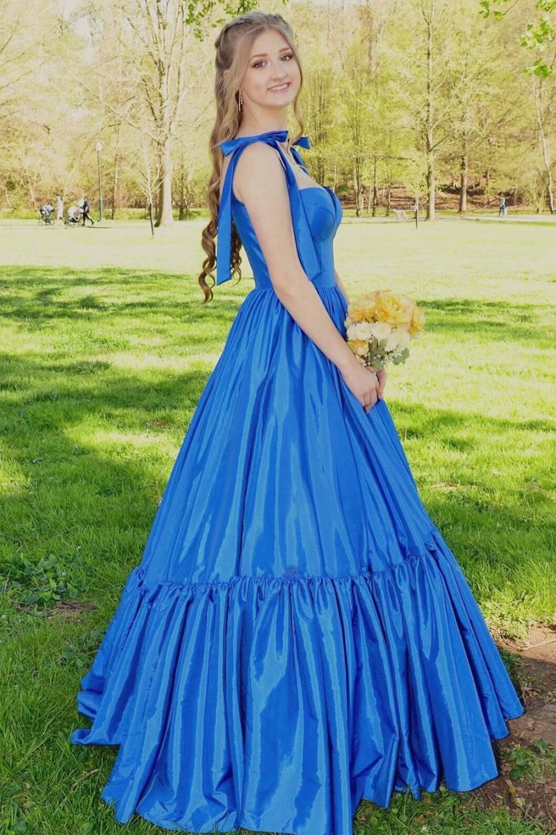 Sweetheart Bow Strap A-line Long Prom Dresses