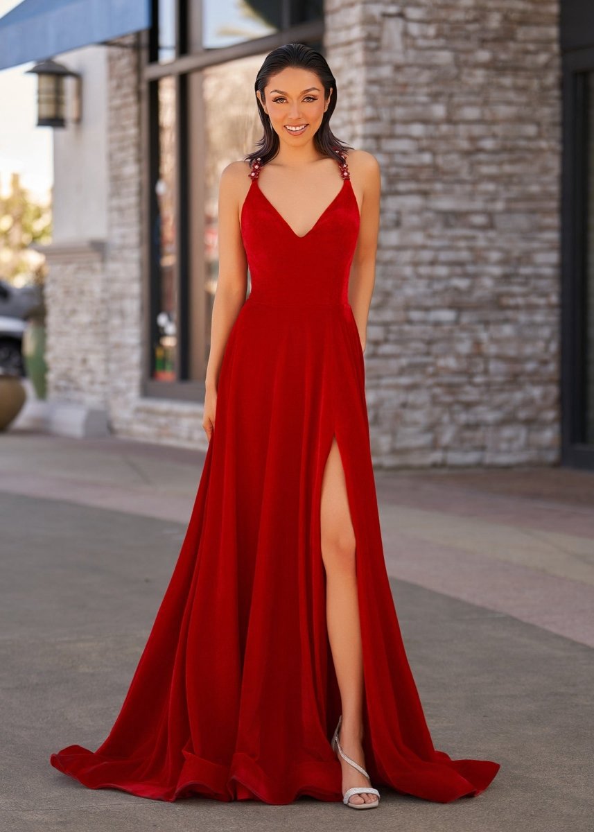 Velvet Plunge V Cross Back A-line Long Formal Dresses