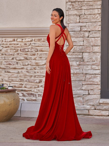 Velvet Plunge V Cross Back A-line Long Formal Dresses
