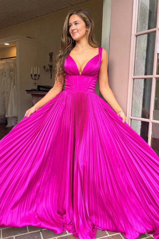 A-line V-Neck Pleated Long Prom Dresses