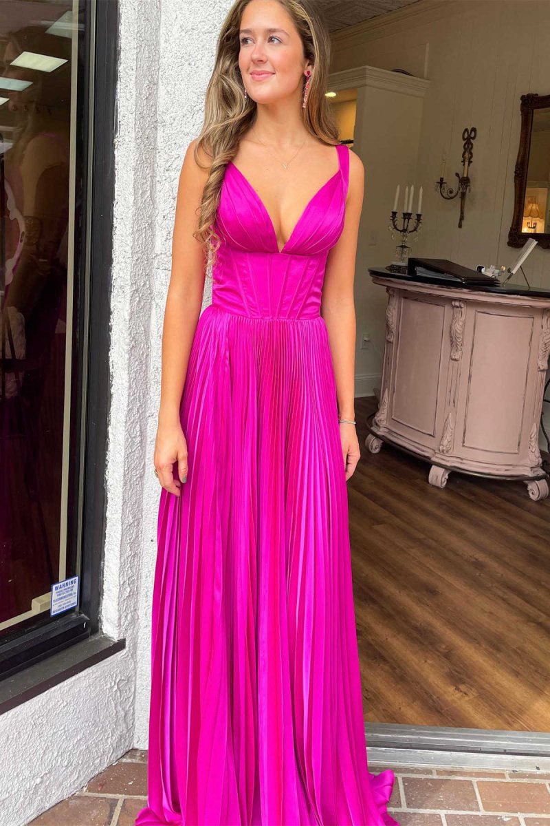 A-line V-Neck Pleated Long Prom Dresses