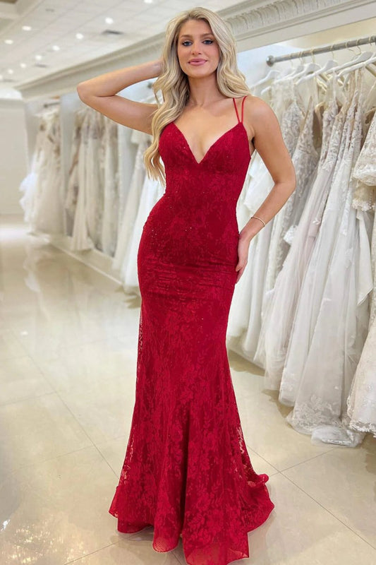 Lace V Neck Mermaid Prom Dresses