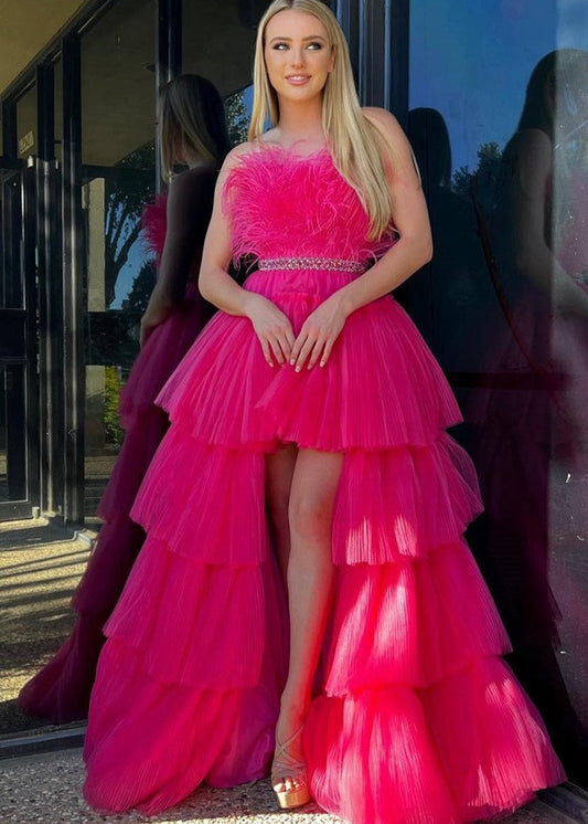 A-line High-Low Strapless Ruffled Tulle Prom Dresses with Feathers
