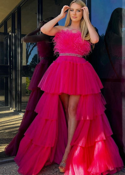 A-line High-Low Strapless Ruffled Tulle Prom Dresses with Feathers