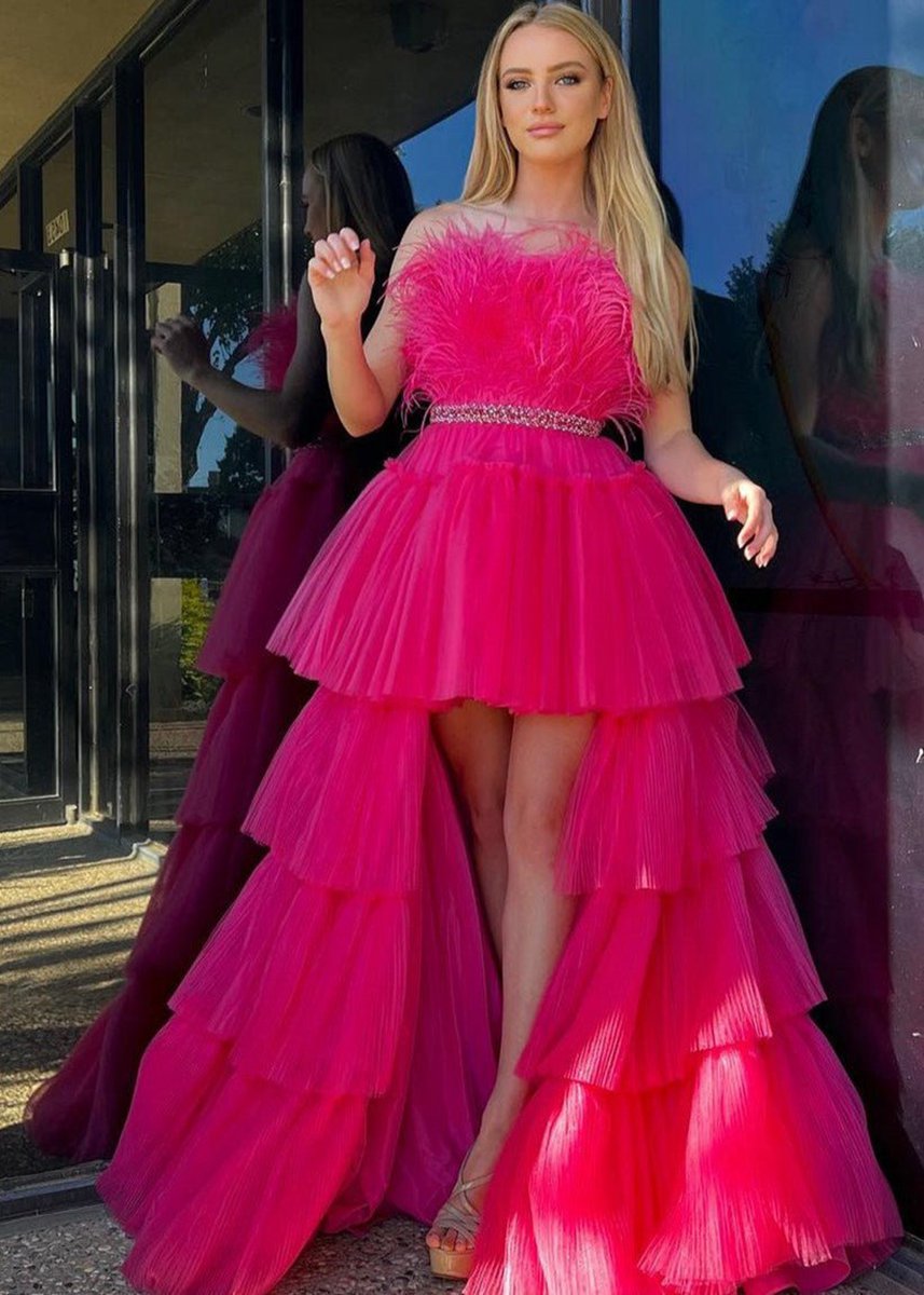 A-line High-Low Strapless Ruffled Tulle Prom Dresses with Feathers