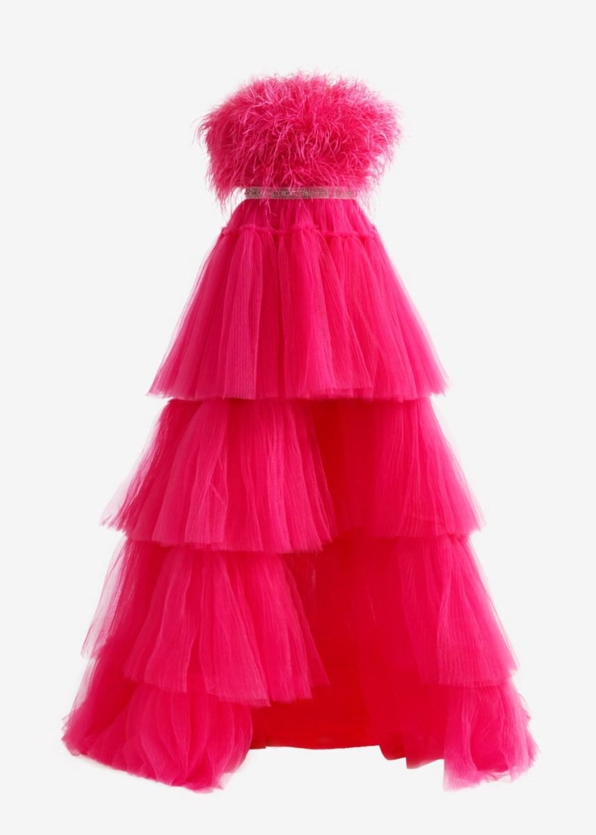A-line High-Low Strapless Ruffled Tulle Prom Dresses with Feathers