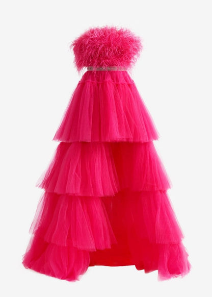 A-line High-Low Strapless Ruffled Tulle Prom Dresses with Feathers