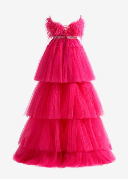 A-line High-Low Strapless Ruffled Tulle Prom Dresses with Feathers