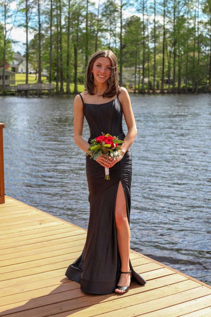 Mermaid Scoop Neck Satin Prom Dresses with Slit