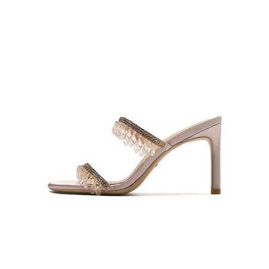 High Stiletto Open Toe Two Strap High Heeled Sandal with Beading