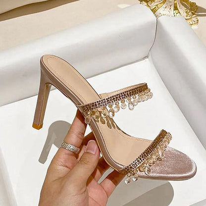 High Stiletto Open Toe Two Strap High Heeled Sandal with Beading