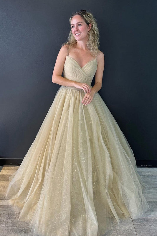 A-line V Neck Glitter Tulle Prom Dresses with Lace up Back
