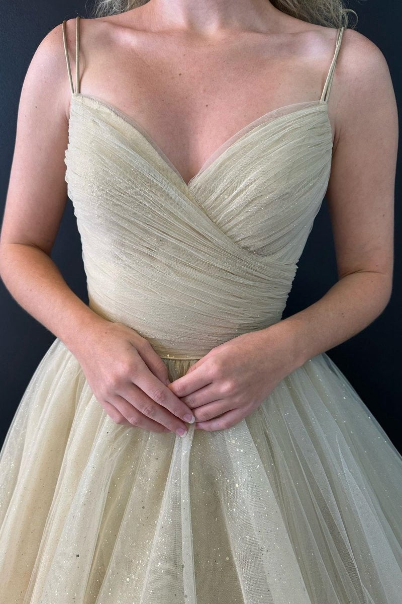 A-line V Neck Glitter Tulle Prom Dresses with Lace up Back