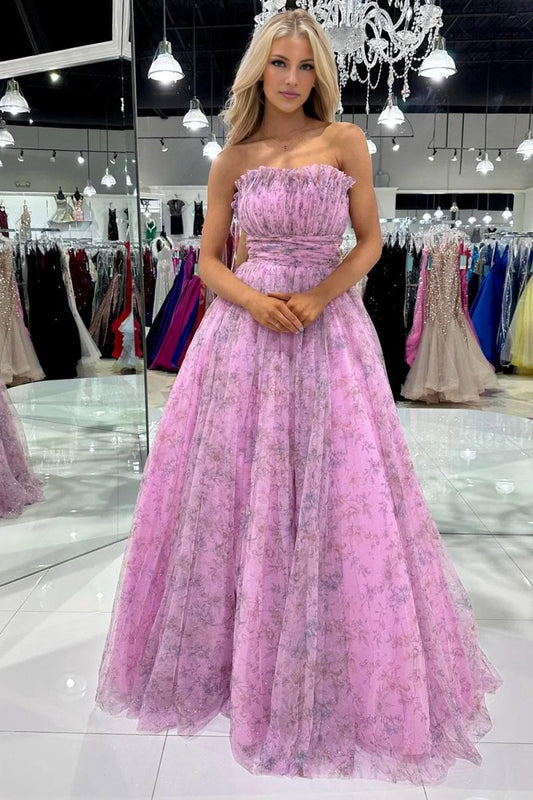 A-line Strapless Printed Glitter Tulle Prom Dresses