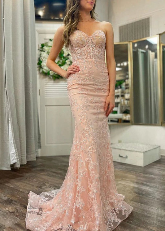 Mermaid Sweetheart Sequined Lace Long Prom Dresses