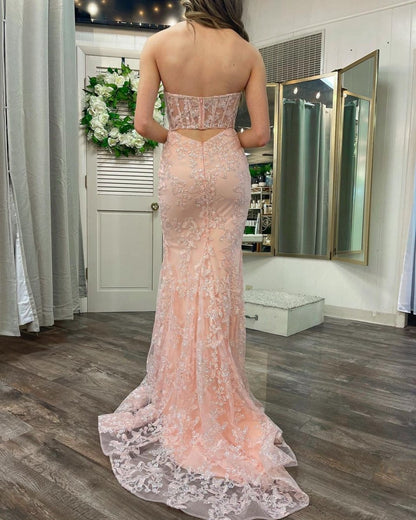Mermaid Sweetheart Sequined Lace Long Prom Dresses