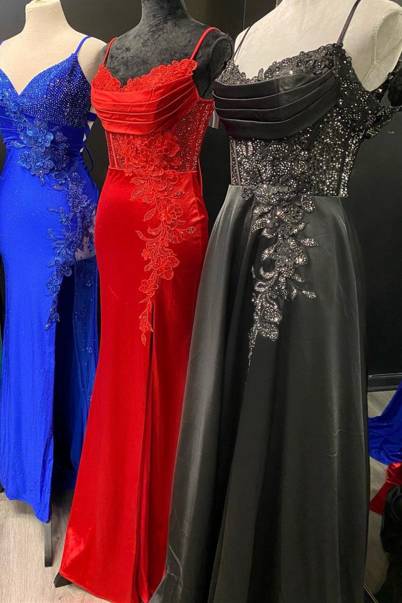 Spaghetti Strap Appliques Mermaid Long Dresses with Slit