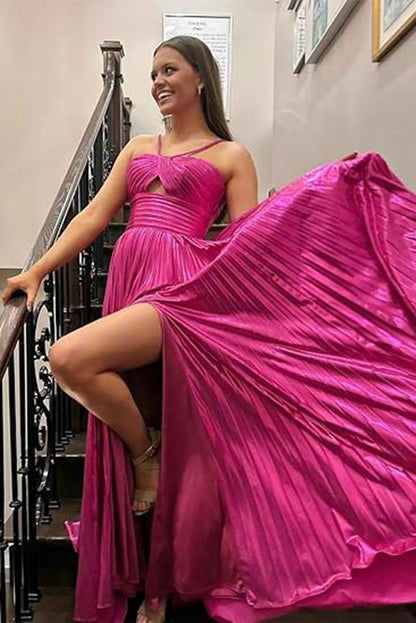 Metallic Keyhole Spaghetti Strap Long Prom Dresses with Slit