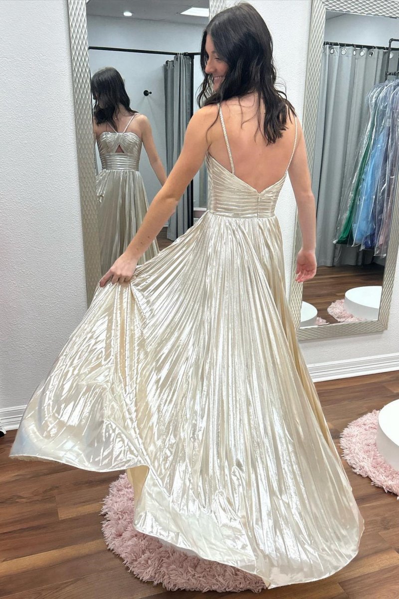 Metallic Keyhole Spaghetti Strap Long Prom Dresses with Slit