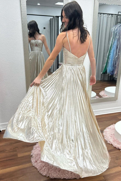 Metallic Keyhole Spaghetti Strap Long Prom Dresses with Slit