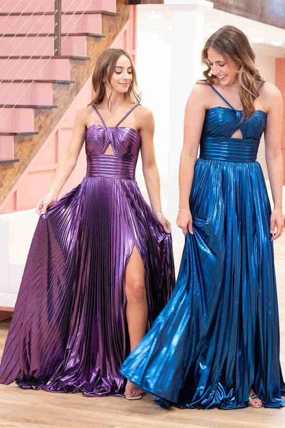 Metallic Keyhole Spaghetti Strap Long Prom Dresses with Slit