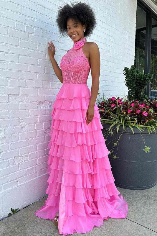 A-line High Neck Tie Chiffon Prom Dresses with 3D Flower