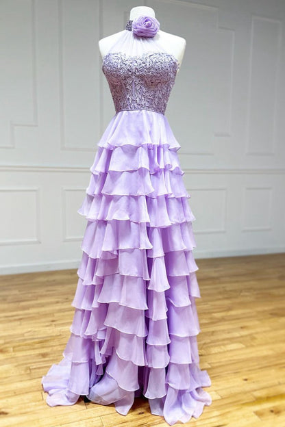 A-line High Neck Tie Chiffon Prom Dresses with 3D Flower