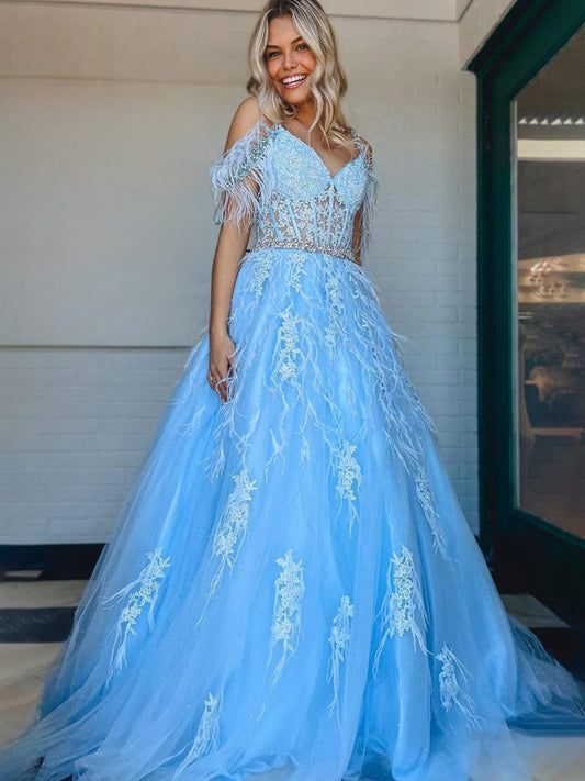 A-line V Neck Lace Tulle Prom Dresses with Beading and Feather