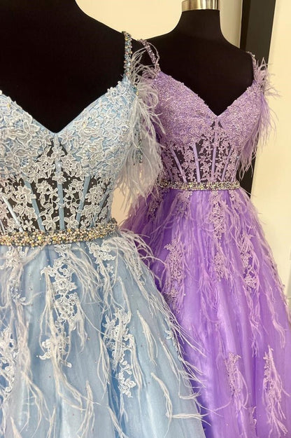 A-line V Neck Lace Tulle Prom Dresses with Beading and Feather