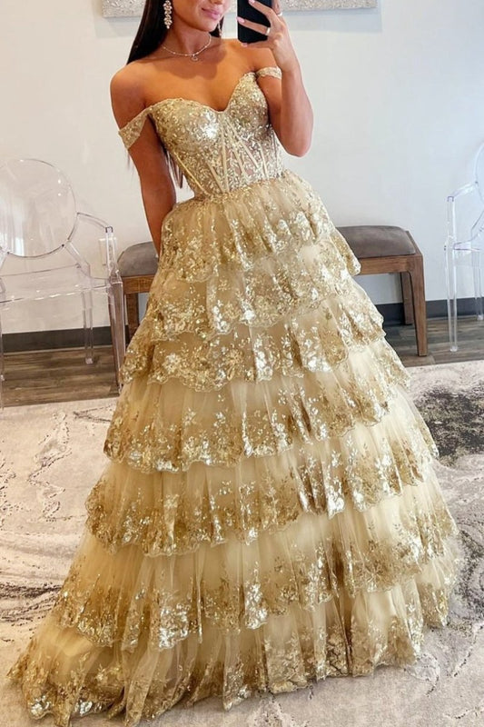 Princess Off the Shoulder Sequined Lace Prom Dresses