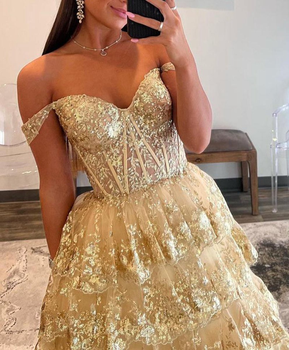 Princess Off the Shoulder Sequined Lace Prom Dresses