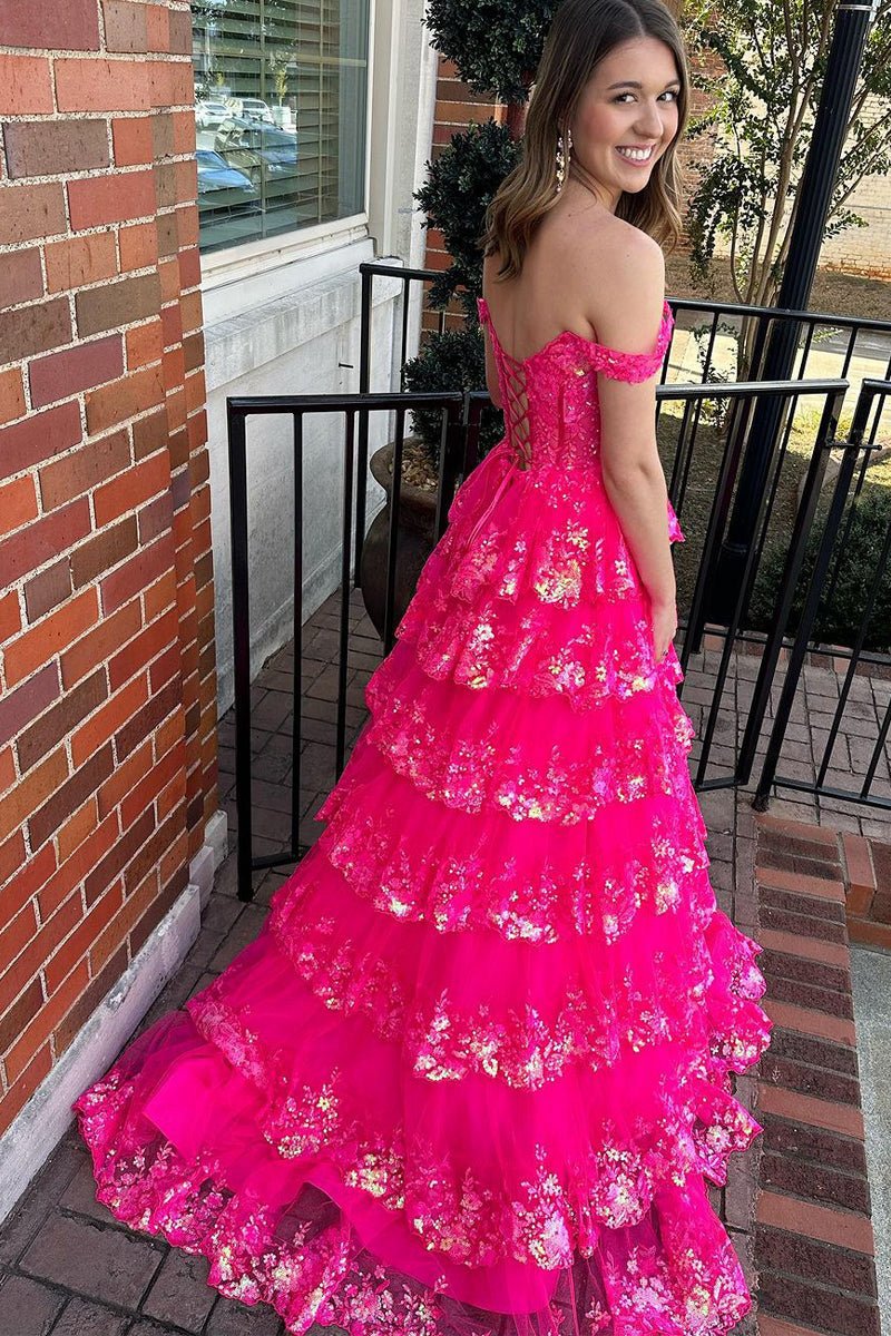 Princess Off the Shoulder Sequined Lace Prom Dresses