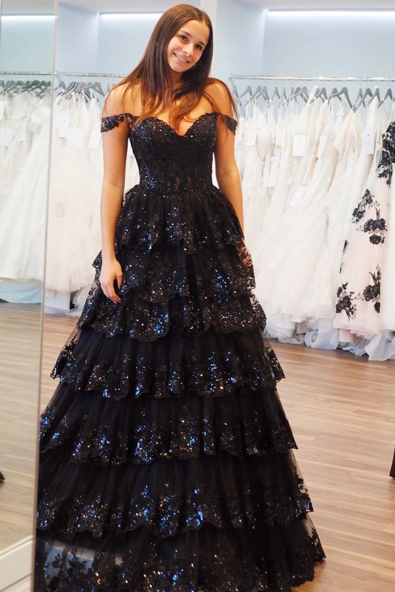 Princess Off the Shoulder Sequined Lace Prom Dresses