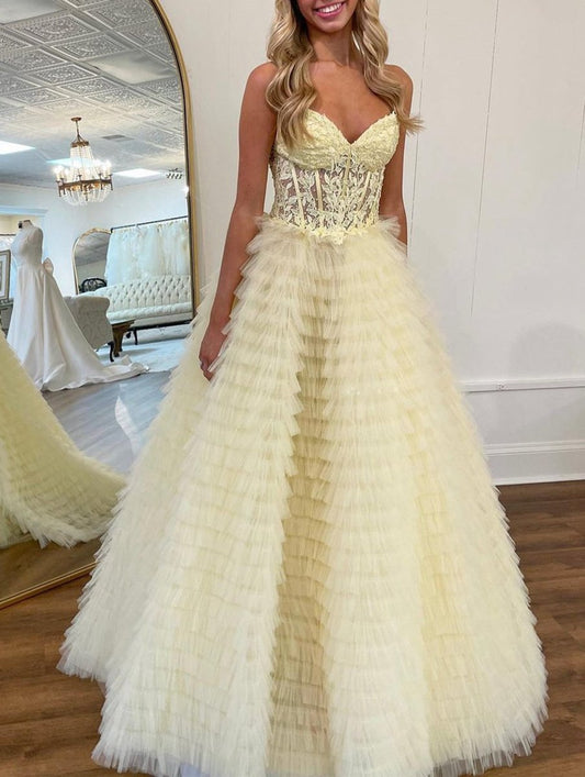 A-line Strapless Multi-Layers Tulle Prom Dresses with Slit