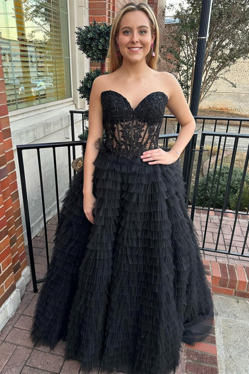 A-line Strapless Multi-Layers Tulle Prom Dresses with Slit