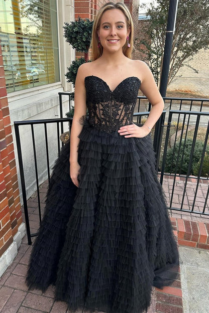 A-line Strapless Multi-Layers Tulle Prom Dresses with Slit