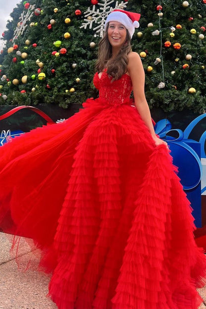 A-line Strapless Multi-Layers Tulle Prom Dresses with Slit