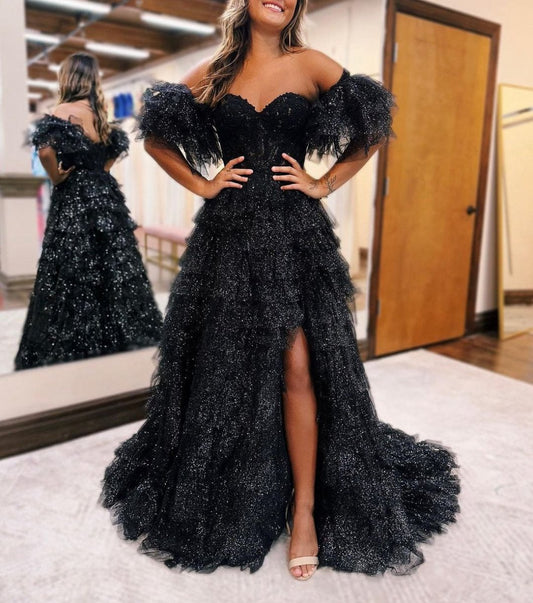 A-line Off-the-Shoulder Glitter Tulle Prom Dresses with Slit