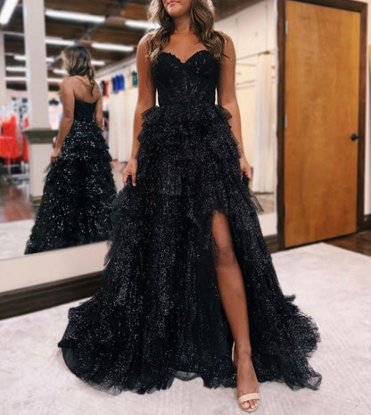A-line Off-the-Shoulder Glitter Tulle Prom Dresses with Slit