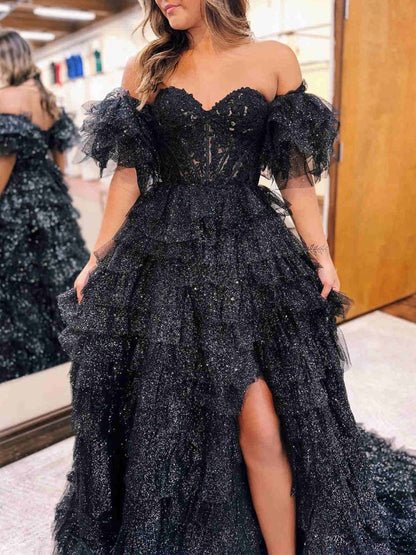 A-line Off-the-Shoulder Glitter Tulle Prom Dresses with Slit