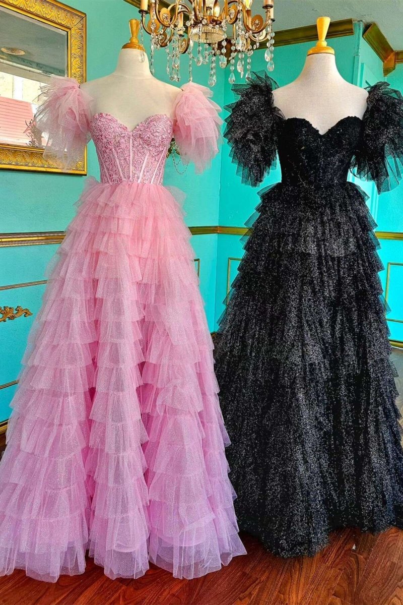 A-line Off-the-Shoulder Glitter Tulle Prom Dresses with Slit