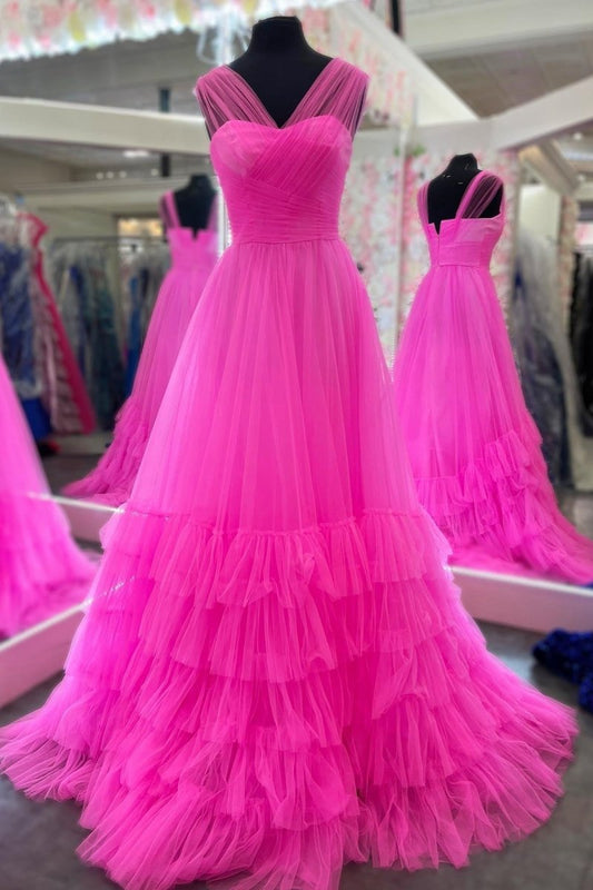 A-line Illusion V Neck Layered rs Tulle Prom Dresses