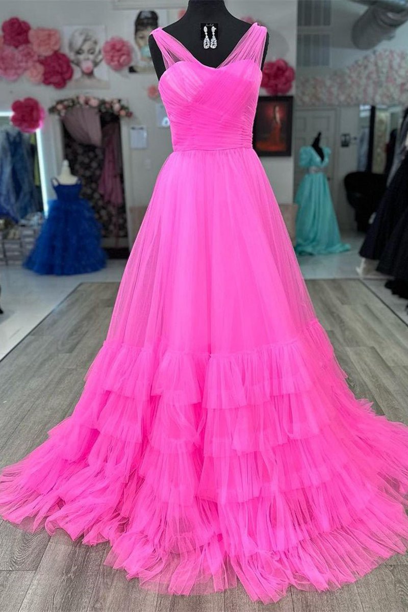 A-line Illusion V Neck Layered rs Tulle Prom Dresses