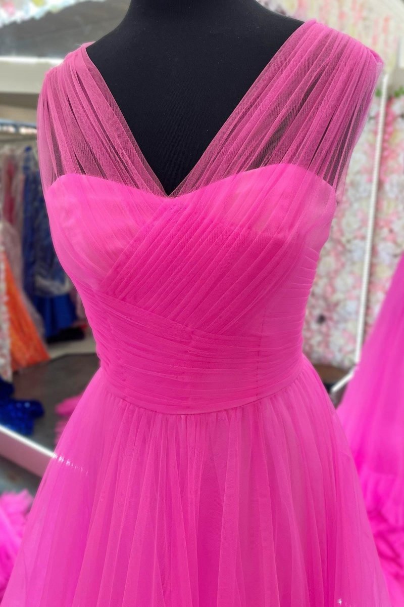 A-line Illusion V Neck Layered rs Tulle Prom Dresses