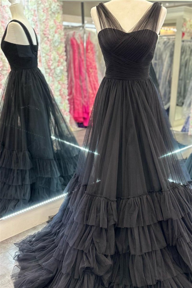 A-line Illusion V Neck Layered rs Tulle Prom Dresses