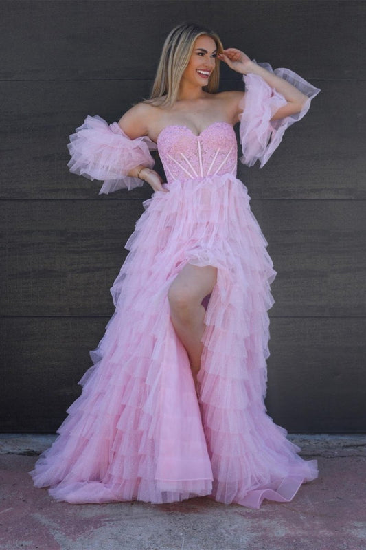 A-line Sweetheart Glitter Tulle Prom Dresses with Slit