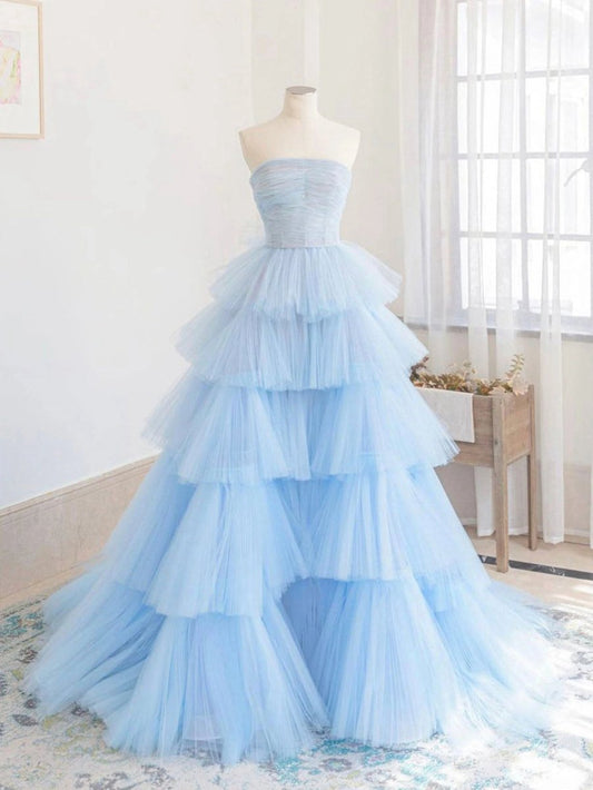 A-line Strapless Tie Tulle Prom Dresses