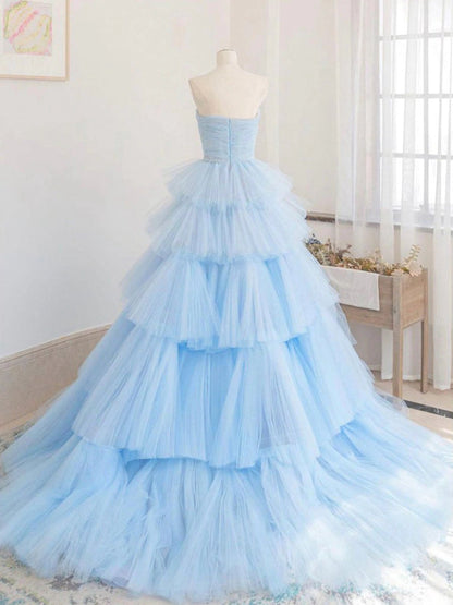 A-line Strapless Tie Tulle Prom Dresses