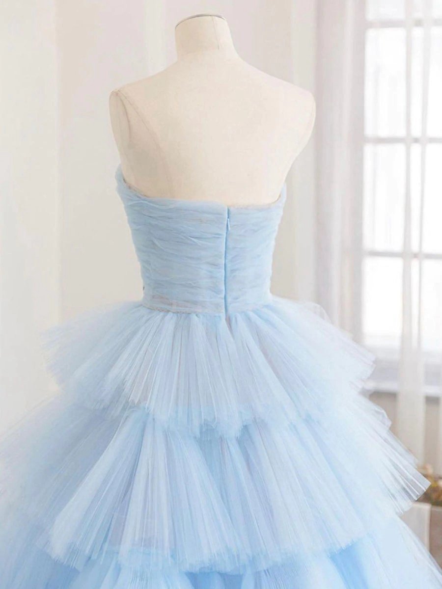 A-line Strapless Tie Tulle Prom Dresses
